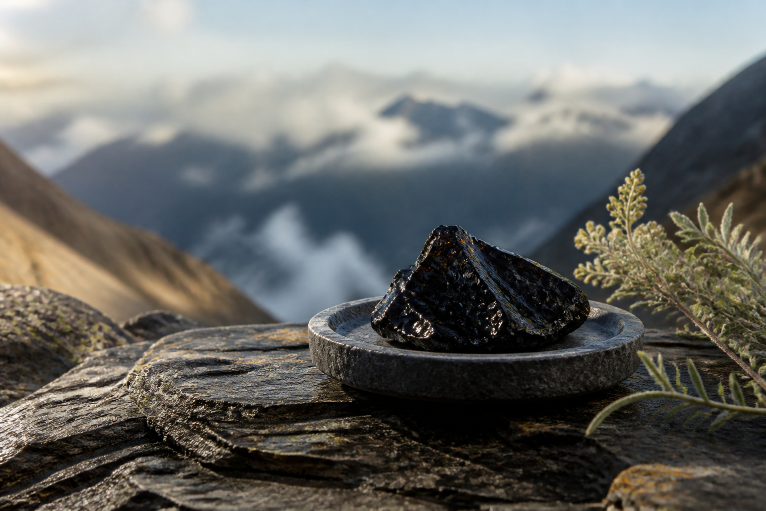 Mineral-rich shilajit in a mountain setting