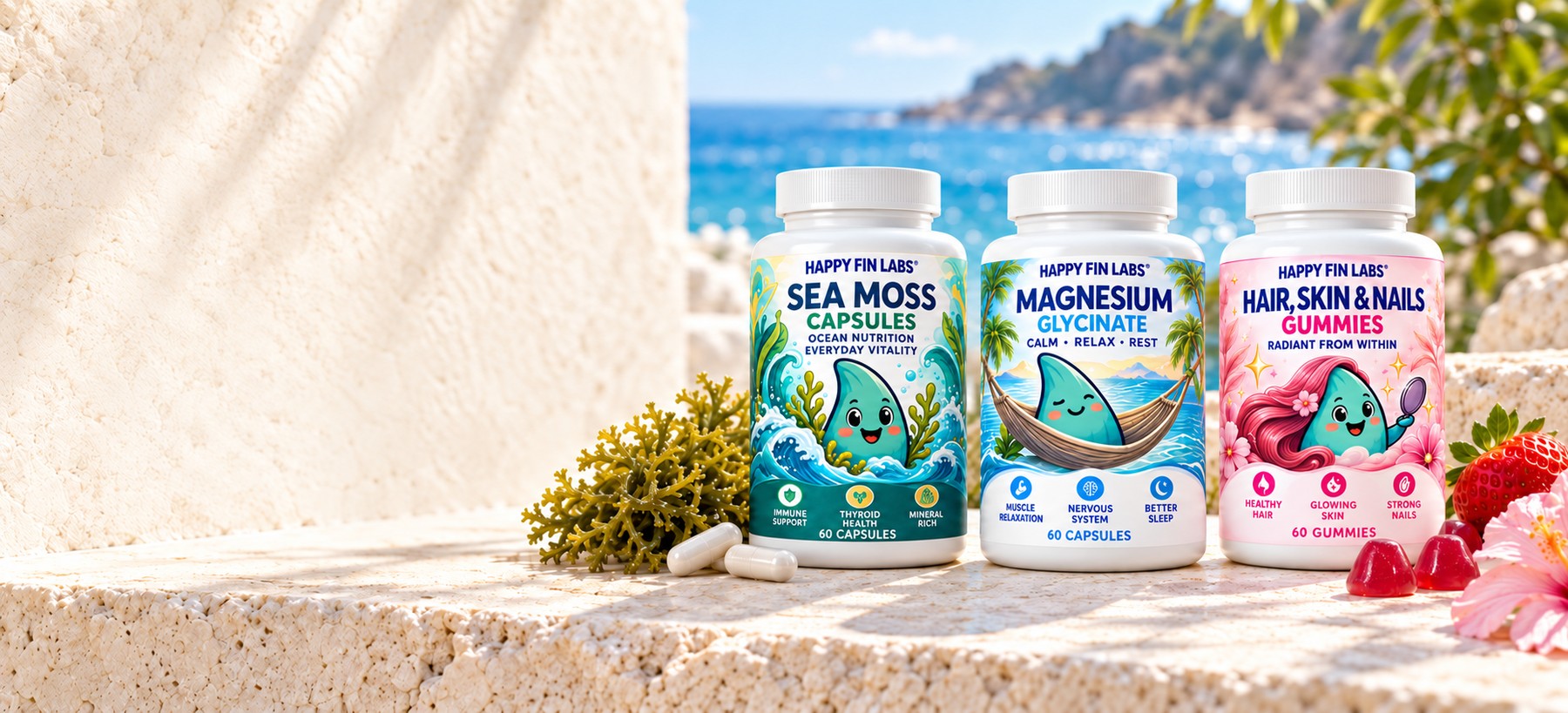 Happy Fin Labs Sea Moss, Magnesium and Hair, Skin & Nails bottles on sunlit coastal stone.