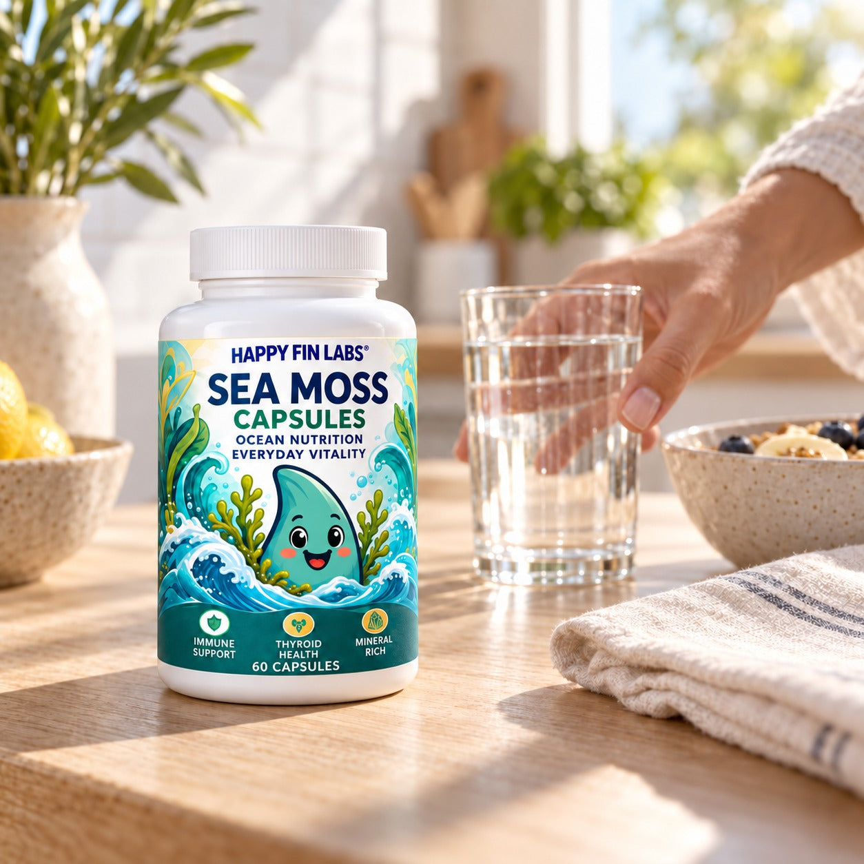 Sea Moss Capsules beside water and breakfast in a sunlit kitchen.