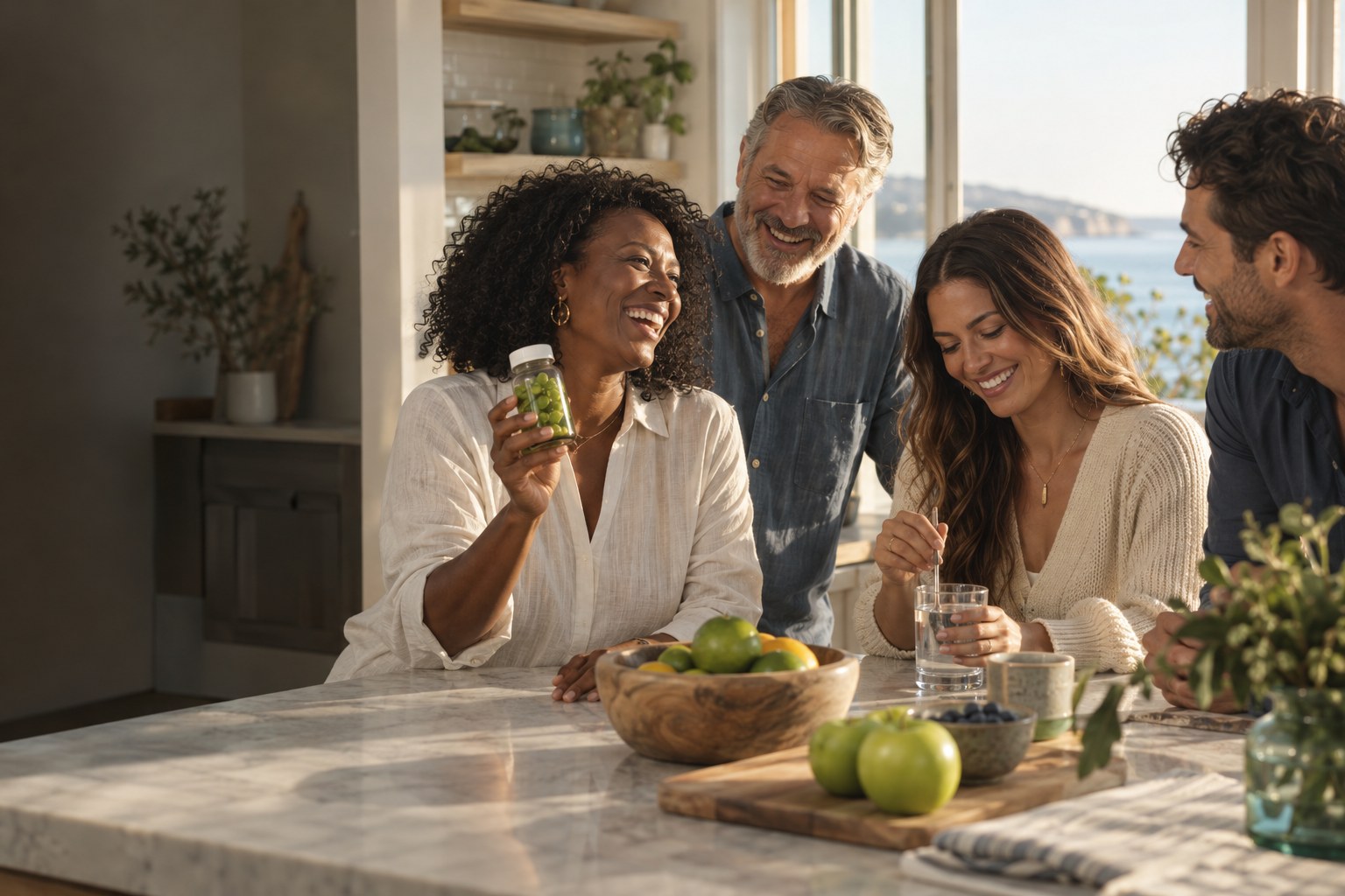 Diverse group of happy adults sharing a morning wellness moment with sea moss gummies in a sunlit kitchen
