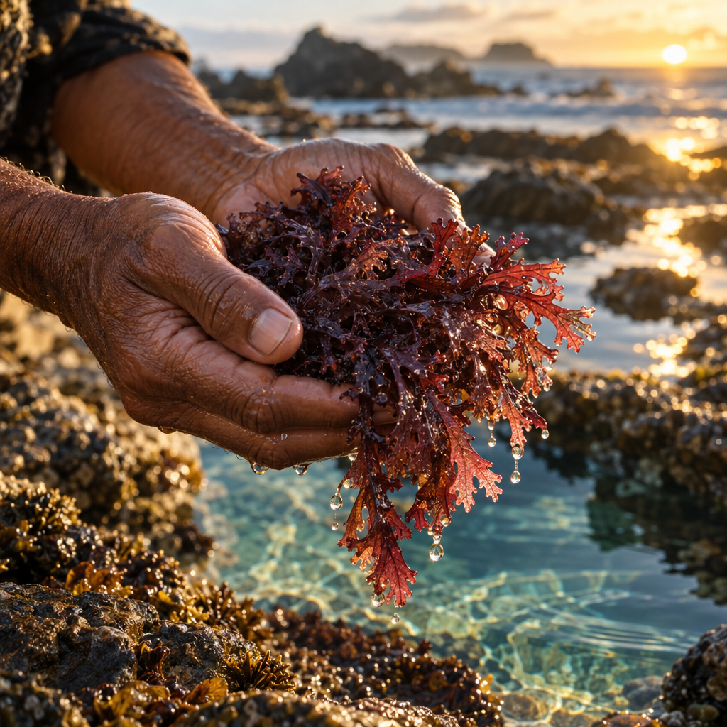 Hands cradling freshly wildcrafted dark red sea moss over a tide pool