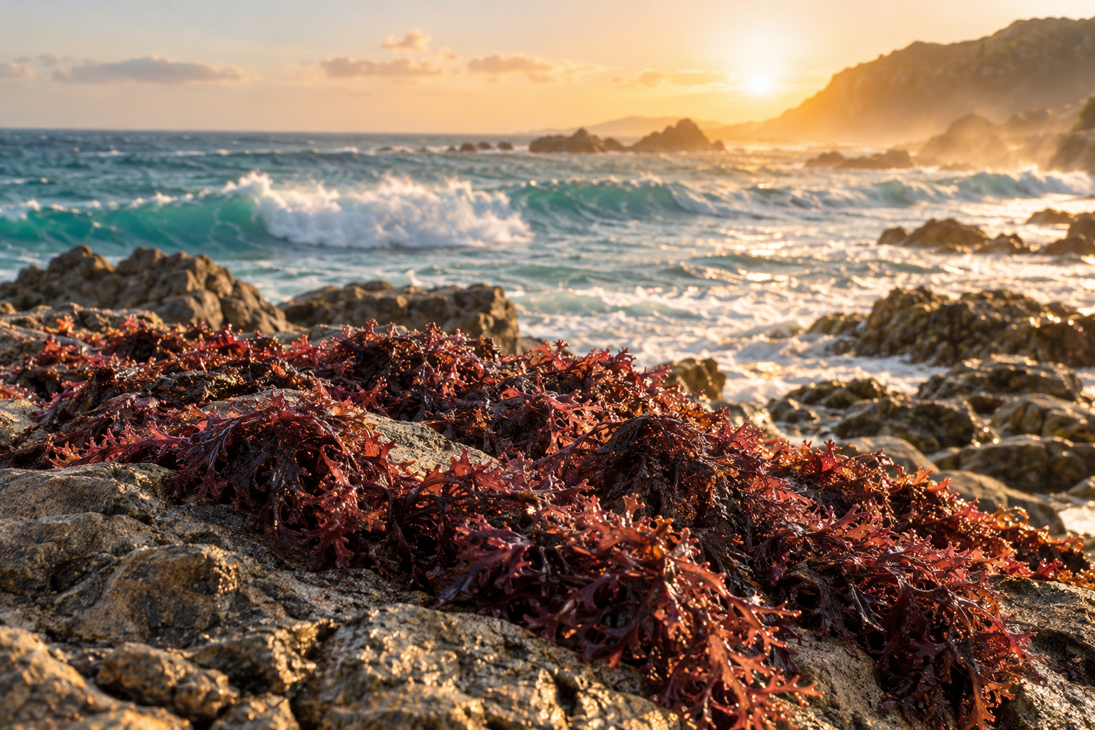 Wildcrafted sea moss drying on sunlit coastal rock with turquoise Atlantic water behind