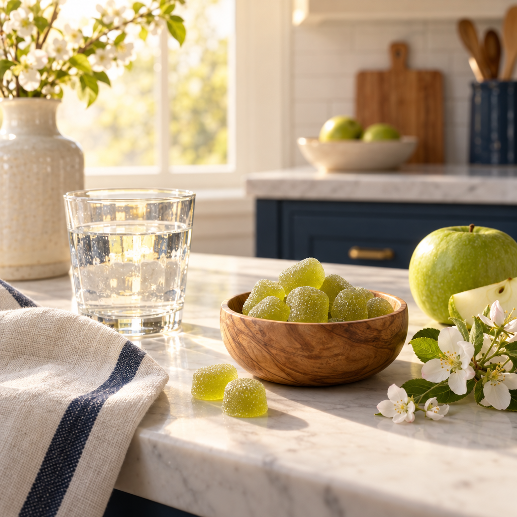 A calm morning ritual scene with gummies, a glass of water and soft daylight