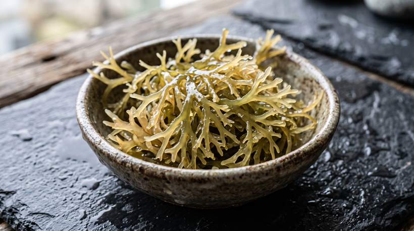 Raw sea moss in a ceramic bowl
