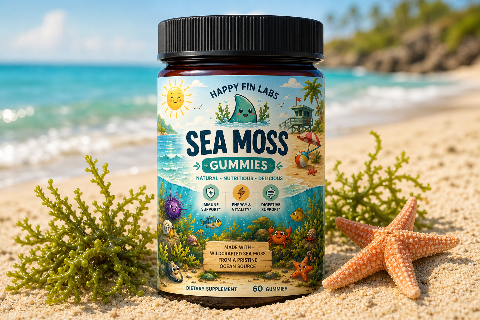 Sea moss gummies in a natural coastal setting